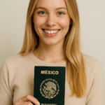 mujer feliz con su pasaporte mexicano digital