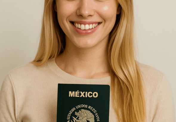 mujer feliz con su pasaporte mexicano digital