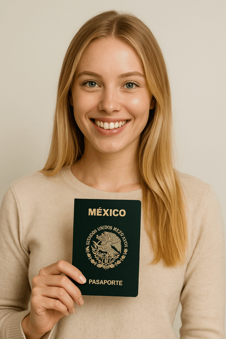 mujer feliz con su pasaporte mexicano digital